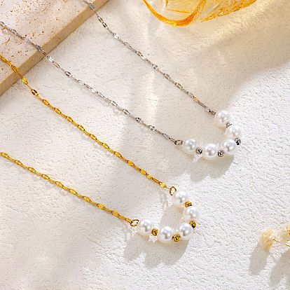 Imitation Pearl Round Beaded Pendant 201 Stainless Steel Dapped Chain Necklaces for Women, White