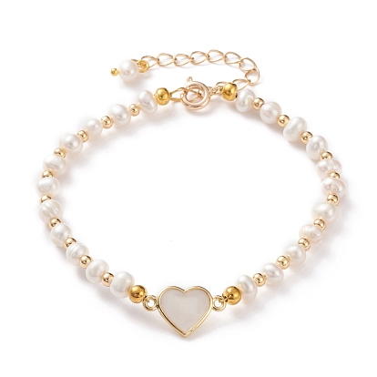 Natural White Shell Heart Link Bracelets, with Natural Pearl Beads, Brass Beads and Spring Ring Clasps, Seashell Color