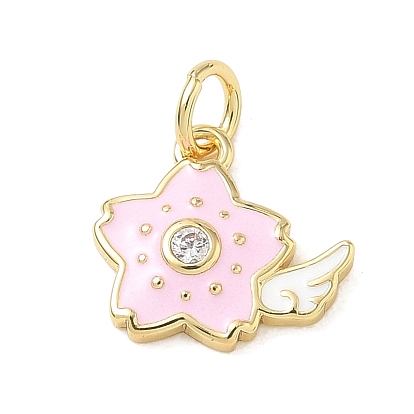 Brass Micro Pave Clear Cubic Zirconia Charms, with Pink Enamel, Flower with Wing Charms