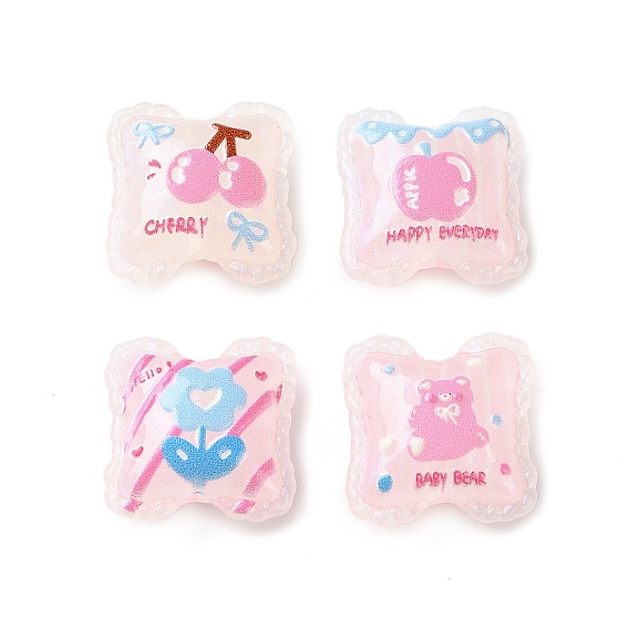 Printed Opaque Acrylic Beads, Pillow with Bowknot & Cherry & Apple & Flower & Bear Pattern