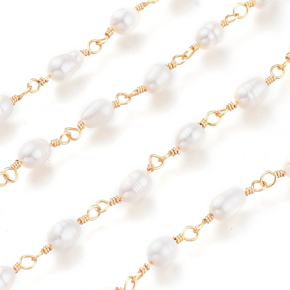 Freshwater Pearl Beaded Chains, with Brass Findings & Spool, Unwelded, Long-Lasting Plated