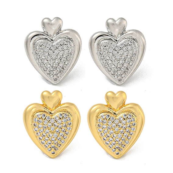 Женские серьги-гвоздики из латуни в форме сердца с прозрачным фианитом