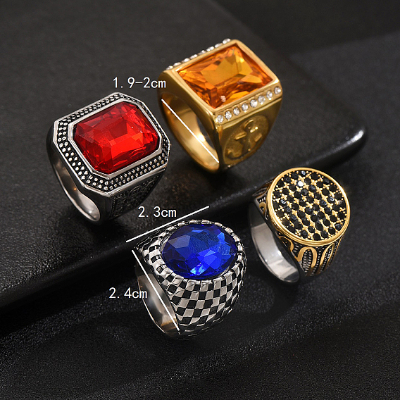 316 Кольца для мужчин из нержавеющей стали с паве из кубических цирконий, круглый квадрат, золотой / нержавеющая сталь цвета
