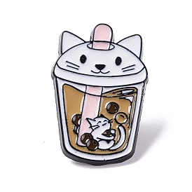 Cat and Bubble Tea Cup Enamel Pin, Animal Alloy Enamel Brooch, Anti-Exposure Neckline Safety Pin for Women, Electrophoresis Black