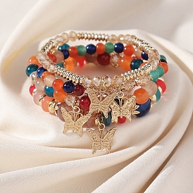 4Pcs 4 Style Glass Round Beaded Stretch Bracelets, Stackable Bracelets with Butterfly Charms