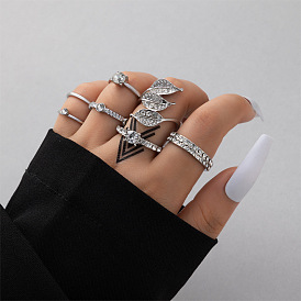 Minimalist Leaf-Shaped Diamond Ring Set with 7 Geometric Gemstone-Inlaid Rings
