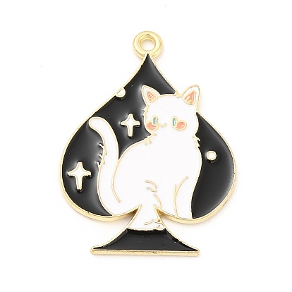 Alloy Enamel Pendants, Light Gold, Club/Spade/Diamond/Heart with Cat Pattern Charm