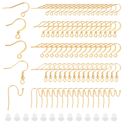 100шт 5 стиль латунные крючки для сережек, ушная проволока пастушьего крючка, французские крючки с катушкой и шариком, с 100 пластиковыми ушными гайками