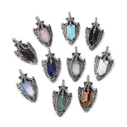 Gemstone Faceted Big Pendants, Dragon Claw with Arrow Charms, with Antique Silver Plated Alloy Findings