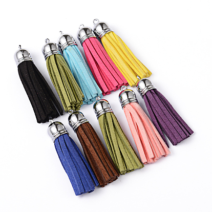 Borlas del ante, con fornituras de latón, agradable para aretes o teléfono celular correas de DIY que hace, Platino, 55~65x12 mm, agujero: 1.5 mm