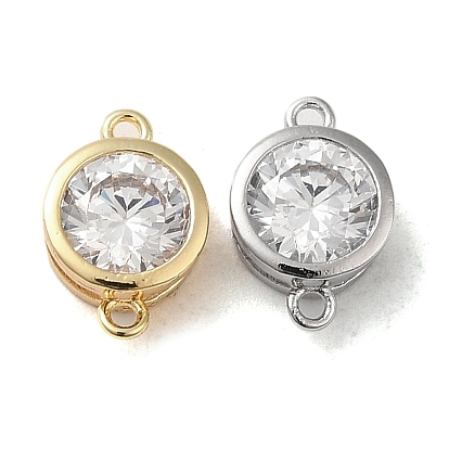 Brass Connector Charms, with Clear Glass, Flat Round Links