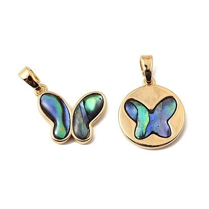 Подвески-бабочки из натуральной ракушки пауа, с латунной