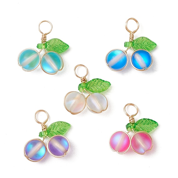 Подвески из матового синтетического лунного камня в форме вишни, с акриловым листом и медной проволокой в обертке, золотые