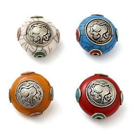 Perles de style à la main tibétains, avec turquoise synthétique, imitation cire d'abeille et apprêts en laiton, plat rond