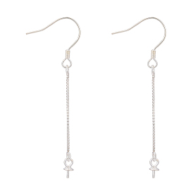 Rhodium Plated 925 Sterling Silver Earring Wire, with 925 Stamp, Ear Hooks with Box Chain & Cup Pearl Bail Pin, for Half Drilled Beads