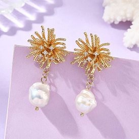 Brass Micro Pave Cubic Zirconia Stud Earrings, Flower, Natural Baroque Pearl Keshi Pearl Beads Dangle Earrings for Women