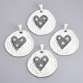 Alloy Rhinestone Big Pendants, with Shell Pearl Beads, Flat Round with Heart, Jet Hematite