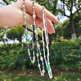 Богемное ожерелье из разноцветных рисовых бусин - винтажная шикарная цепочка с жемчужным воротником.