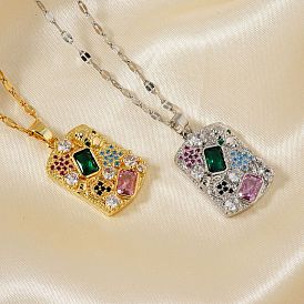 Brass Geometric Colorful Cubic Zirconia Rectangle Pendant Necklaces