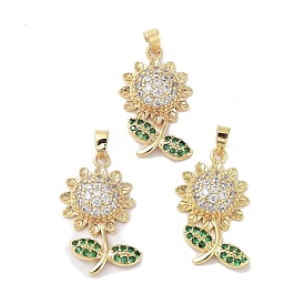 Sunflower Charms Rack Plating Brass Micro Pave Clear Cubic Zirconia Pendants, Long-Lasting Plated, Cadmium Free & Lead Free