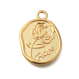 PVD Vacuum Plating 201 Stainless Steel Pendants, Oval with Rose Charm