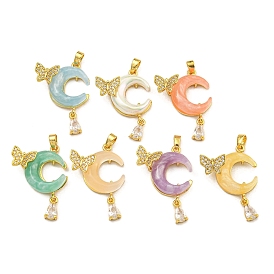 Rack Plating Brass Micro Pave Cubic Zirconia Pendants, with Resin, Long-Lasting Plated, Real 18K Gold Plated,  Moon & Butterfly