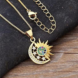 Bohemian Vintage Pendant Necklace with Sun Moon Star - Summer, Collarbone Chain.
