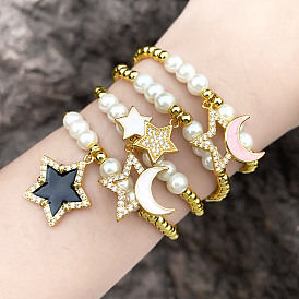 Minimalist Star and Moon Pearl Bracelet with Elastic Design - Unique European Style Jewelry