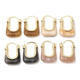 Real 16K Gold Plated Brass Hoop Earrings, Resin Imitation Gemstone Earrings for Women