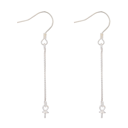 Rhodium Plated 925 Sterling Silver Earring Wire, with 925 Stamp, Ear Hooks with Box Chain & Cup Pearl Bail Pin, for Half Drilled Beads