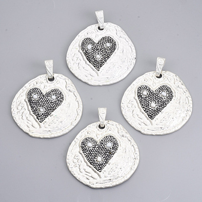 Alloy Rhinestone Big Pendants, with Shell Pearl Beads, Flat Round with Heart, Jet Hematite