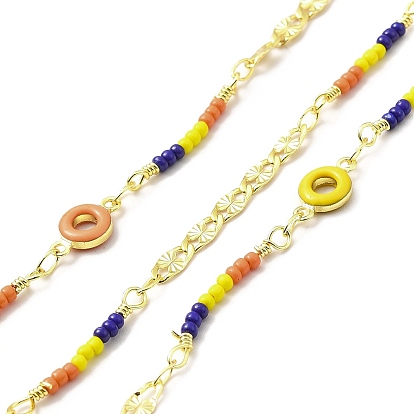 Handmade Brass Flower Chains, with Brass Enamel Donut Links and Glass Seed Beads, Soldered, with Spool, Cadmium Free & Lead Free