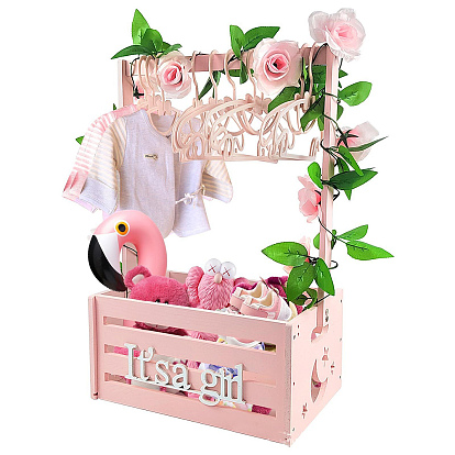 1Cesta de almacenamiento de productos para bebés de madera para PC, Rectángulo, con 1pc enredadera de flores y 6pc percha de plástico para niños