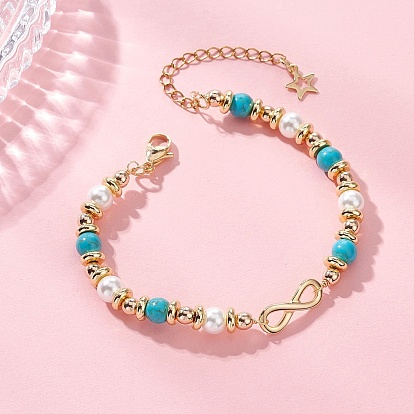 Бесконечность 304 из нержавеющей стали ссылка браслеты, Браслеты из синтетических драгоценных камней, ракушек и латунных бусин для женщин