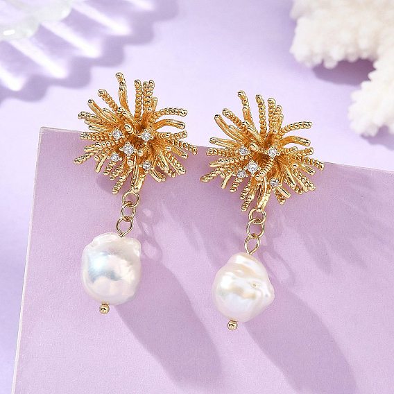 Brass Micro Pave Cubic Zirconia Stud Earrings, Flower, Natural Baroque Pearl Keshi Pearl Beads Dangle Earrings for Women