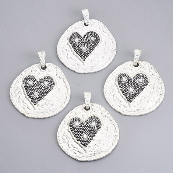 Alloy Rhinestone Big Pendants, with Shell Pearl Beads, Flat Round with Heart, Jet Hematite