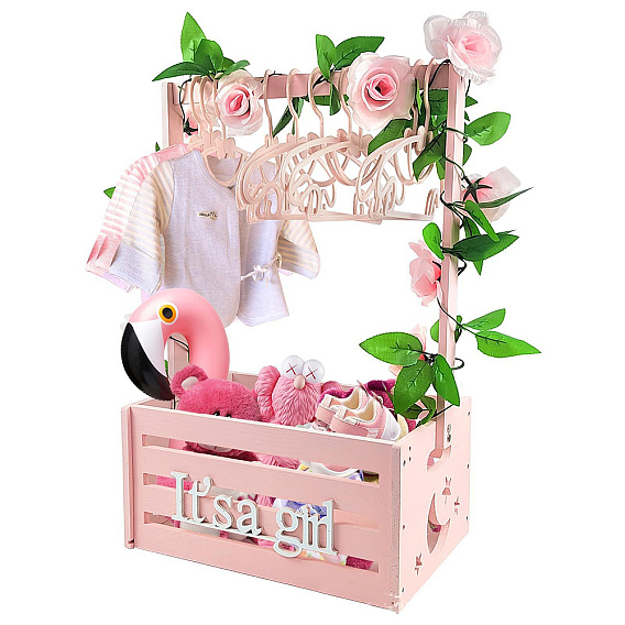 1Pc Wood Baby Products Storage Basket, Rectangle, with 1Pc Flower Vine and 6Pcs Plastic Kids' Hanger