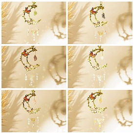 Natural Gemstone Hanging Suncatcher Pendant Decoration, Moon with Butterfly Crystal Ceiling Chandelier Ball Prism Pendants