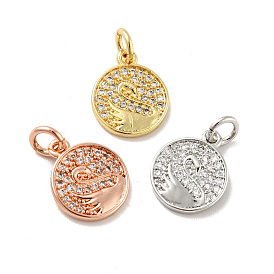 Flat Round with Swan Pattern Brass Micro Pave Clear Cubic Zirconia Charms, with Jump Rings, Cadmium Free & Lead Free