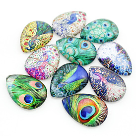 Glass Cabochons, Teardrop with Feather Pattern