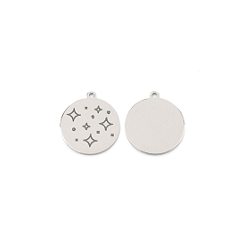 304 Stainless Steel Pendants, Flat Round with Star Pattern