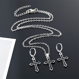 Vintage Punk Black Cross Earrings Necklace Set with Metal Cross Pendant