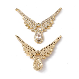 Brass Micro Pave Clear Cubic Zirconia 2-Loop Pendants, Wing with Teardrop Charm