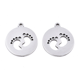 201 Stainless Steel Pendants, Laser Cut, Hollow, Flat Round with Baby Feet