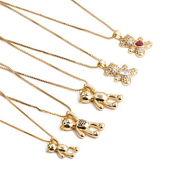 Chic and Cute Bear Pendant Necklace with Gold-tone Cubic Zirconia Chain - European Style