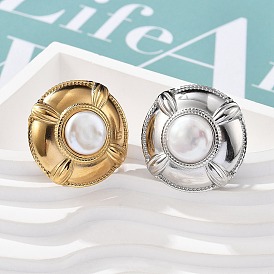 304 палец кольца из нержавеющей стали, с бисером пресноводного жемчуга, плоско-круглые, ионное покрытие (ip)