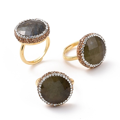 Natural Labradorite Flat Round Adjustable Ring with Rhinestone, Golden Brass Jewelry for Women