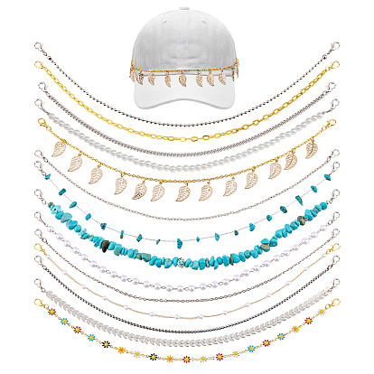 14шт. железные цепи, стеклянные жемчужины, синтетические бирюзовые бусины и латунная эмалированная цепочка для бейсболки, Сплав с застежками когтя омара