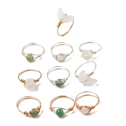 10pcs bagues en aventurine verte naturelle, jade blanc et cristal de quartz enveloppées de fil de cuivre