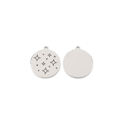 304 Stainless Steel Pendants, Flat Round with Star Pattern